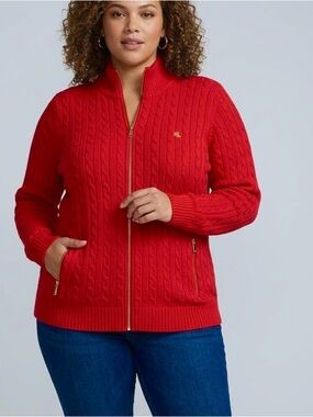 Lauren Ralph Lauren Red Cable Knit Full Zip Sweater Gold Hardware Plus Size 2X